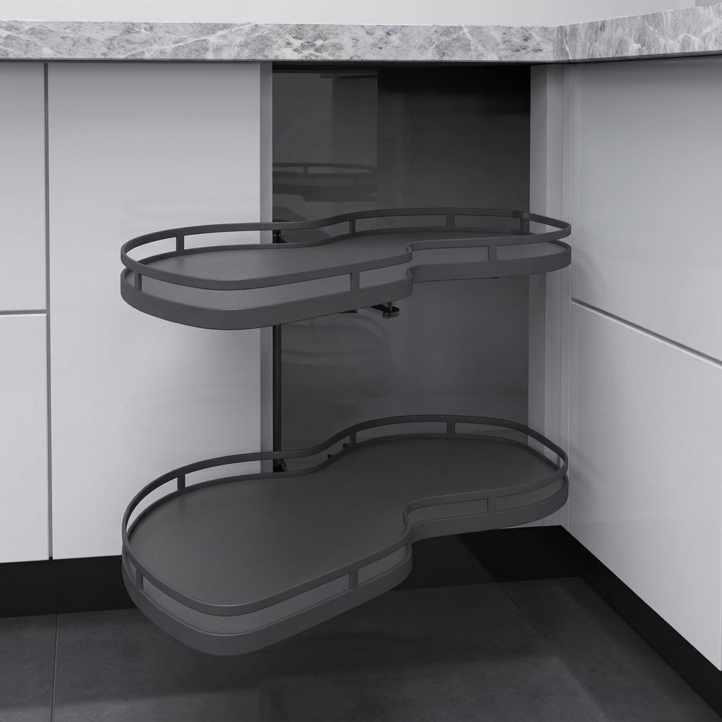 Two kidney-shaped anthracite corner baskets swung out of a cabinet