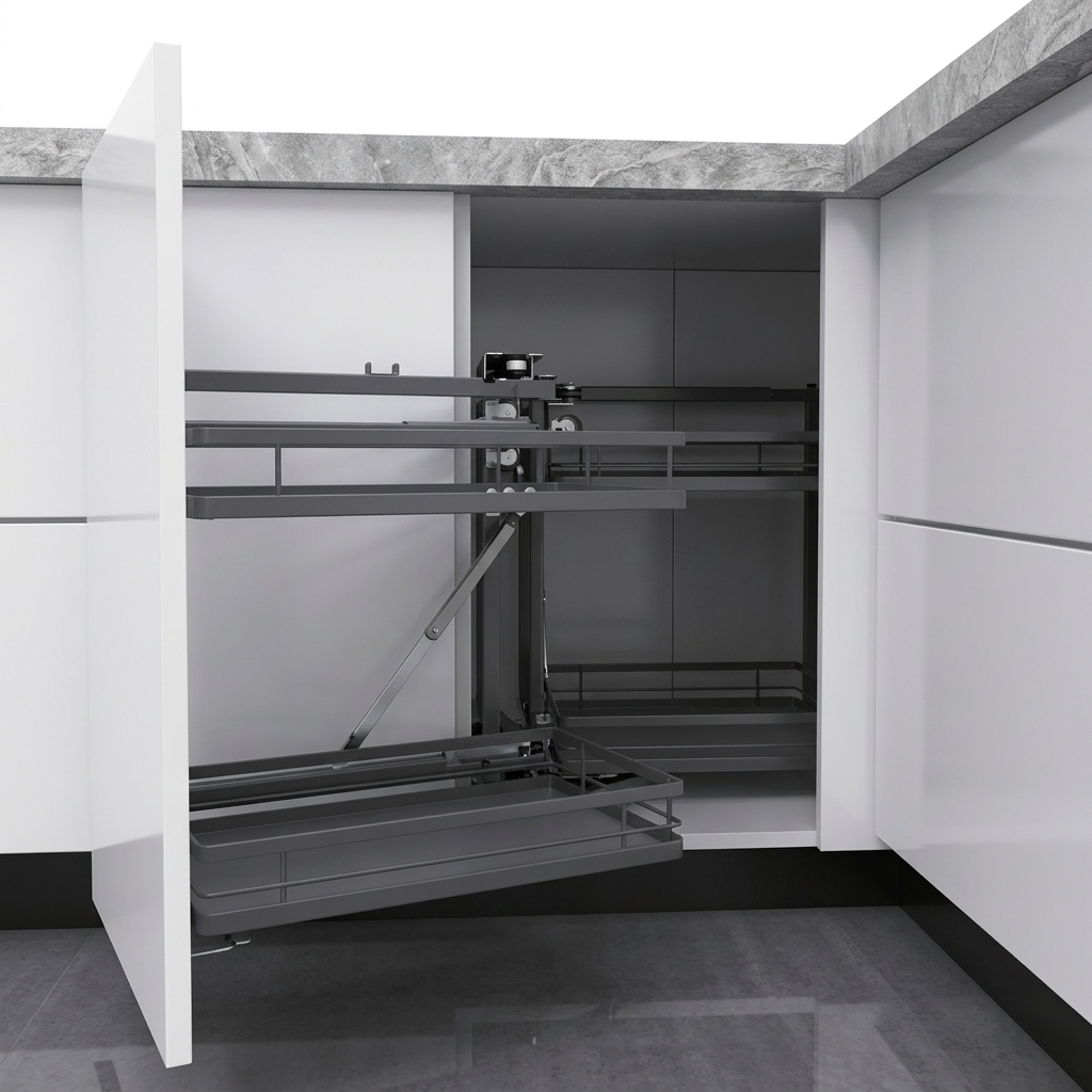 Anthracite magic swing-out corner basket system in an open white kitchen cabinet