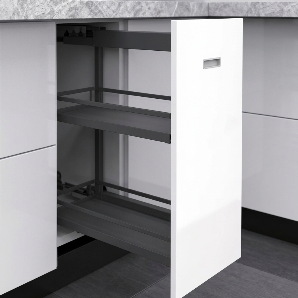 Anthracite side pull-out basket fitted to a white cabinet door