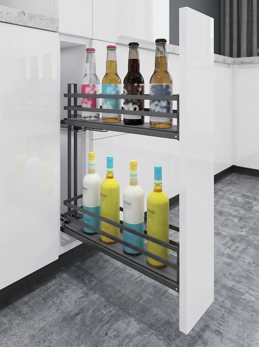 Narrow anthracite two-tier bottle pull-out in a white kitchen