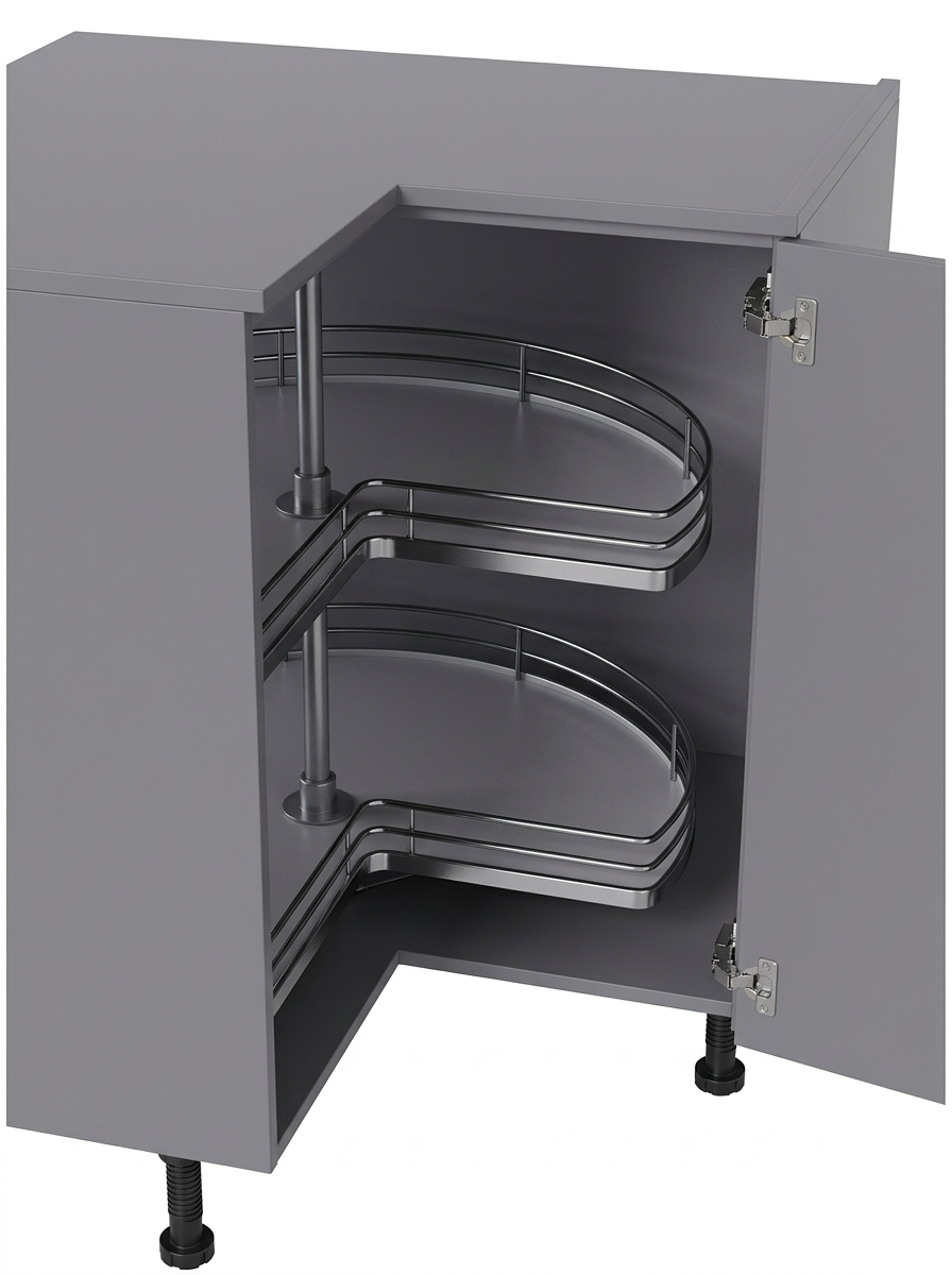 Solid-base three-quarter carousel fitted in a corner base cabinet