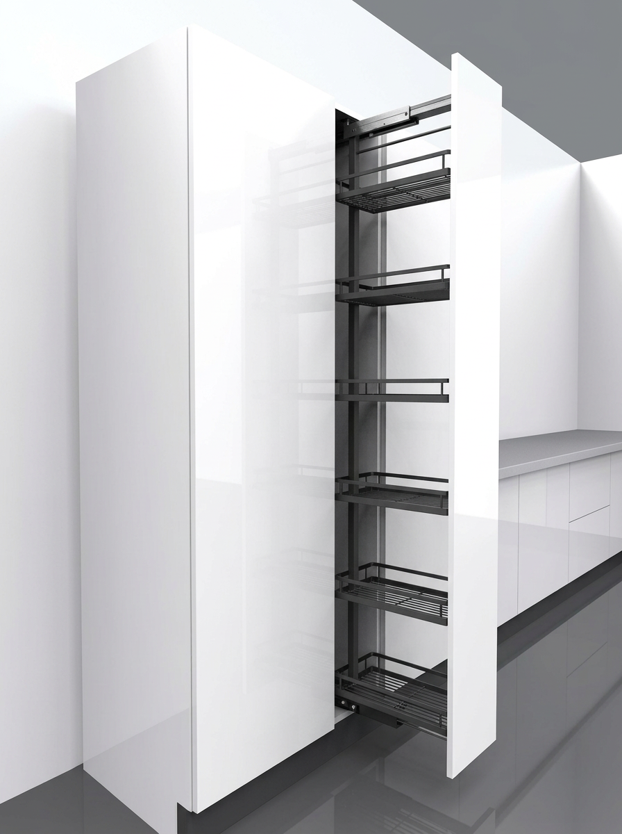 Six-layer anthracite tall larder pull-out basket in white cabinetry